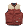 Red and beige puffer vest with a visible brand logo on a white background