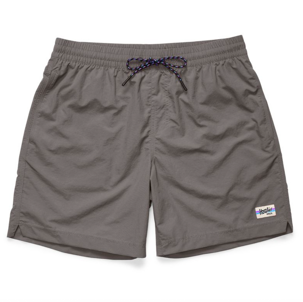 Gray shorts with a brand logo on a white background