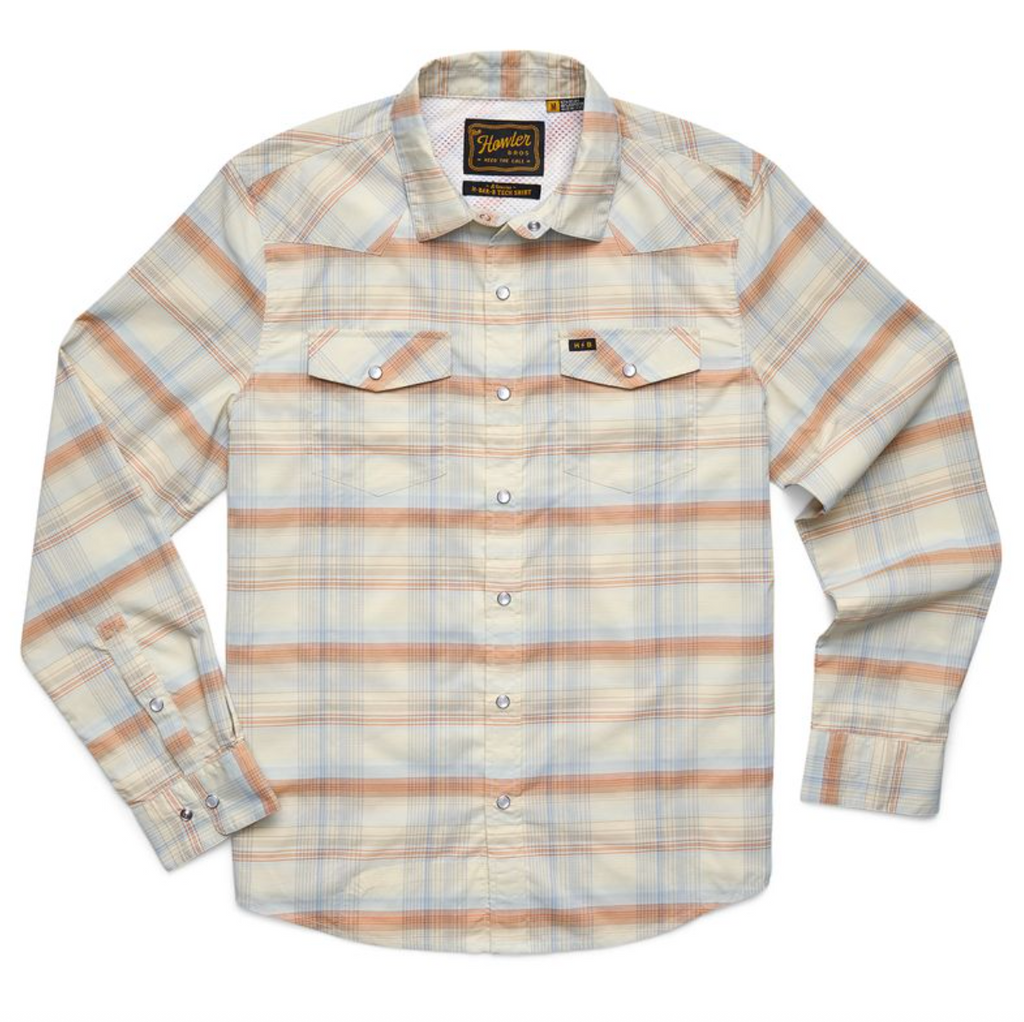 Plaid shirt with a visible brand label on a white background