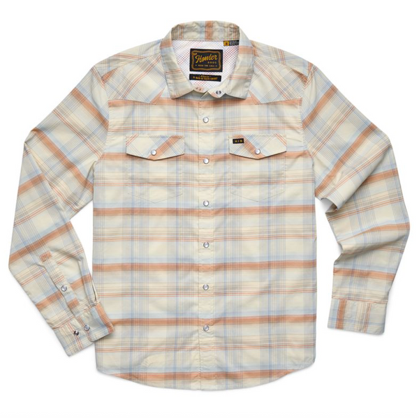 Plaid shirt with a visible brand label on a white background