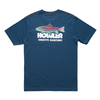 Blue t-shirt with a fish graphic and 'Howler Creative Creatures' text on a beige background
