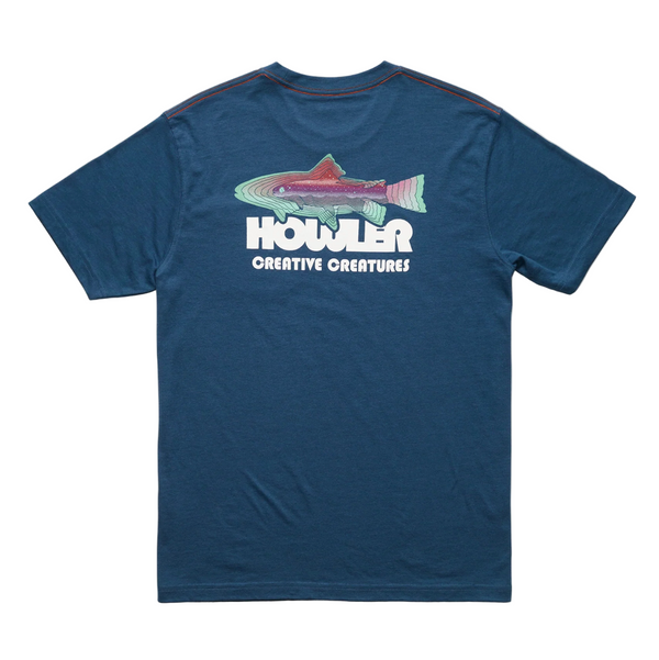 Blue t-shirt with a fish graphic and 'Howler Creative Creatures' text on a beige background