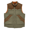 Green and brown quilted vest with button details on a beige background