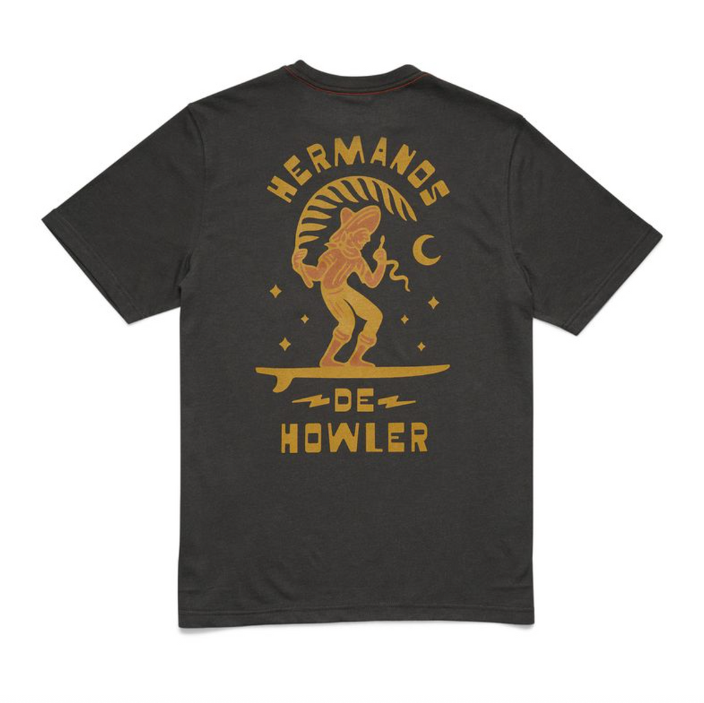 Black t-shirt with gold graphic and text on a white background