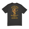 Black t-shirt with gold graphic and text on a white background