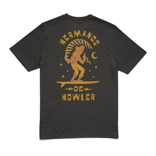 Black t-shirt with gold graphic and text on a white background