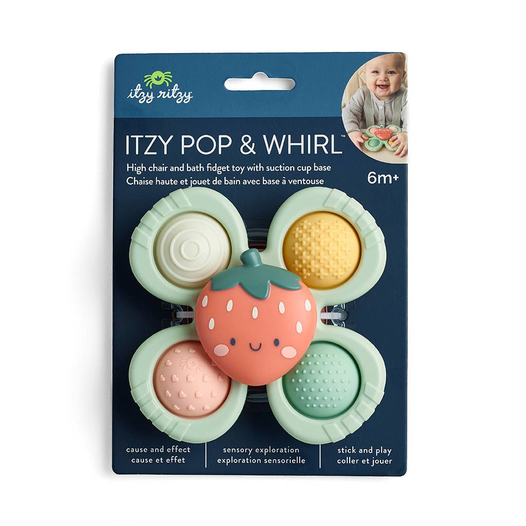 Itzy Ritzy Pop & Whirl fidget toy packaging with a strawberry design on a white background