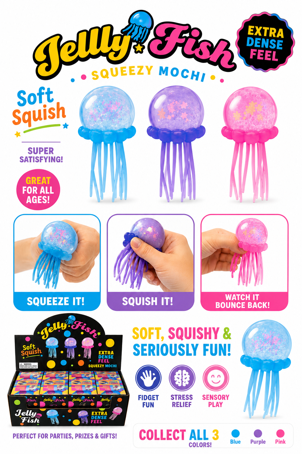 Jellyfish-shaped toys in blue, purple, and pink with packaging and text on a white background.