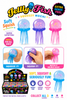 Jellyfish-shaped toys in blue, purple, and pink with packaging and text on a white background.