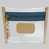 Clear pouch with blue zipper and beige accents on a white background