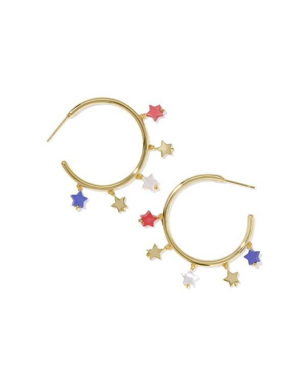 Gold hoop earrings with colorful star charms on a white background