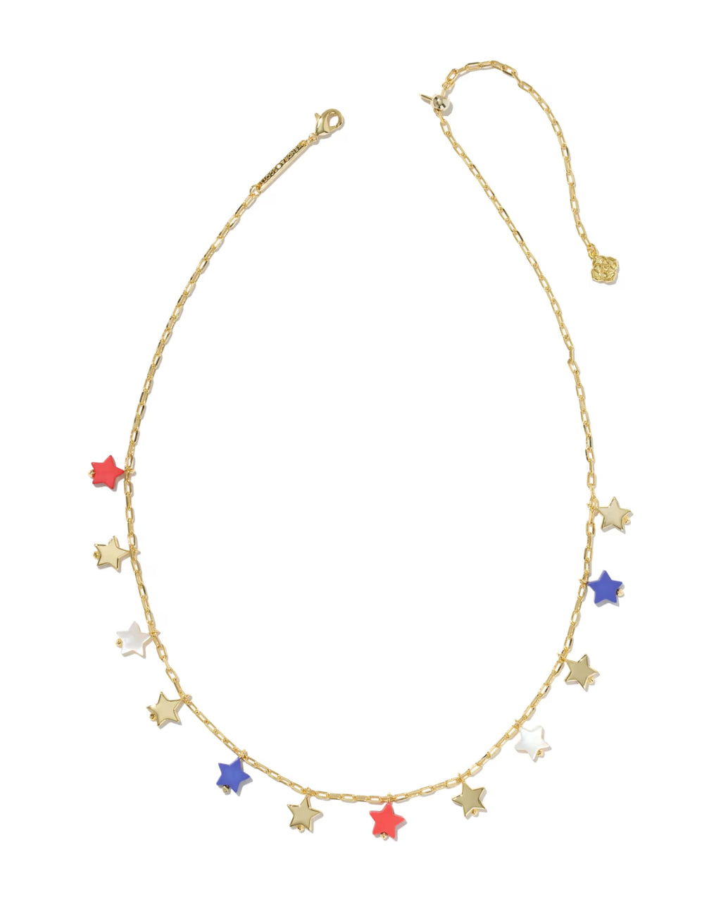 Gold necklace with colorful star-shaped pendants on a white background