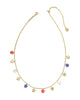 Gold necklace with colorful star-shaped pendants on a white background