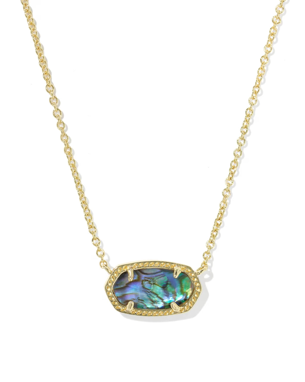 Gold necklace with a colorful pendant on a white background