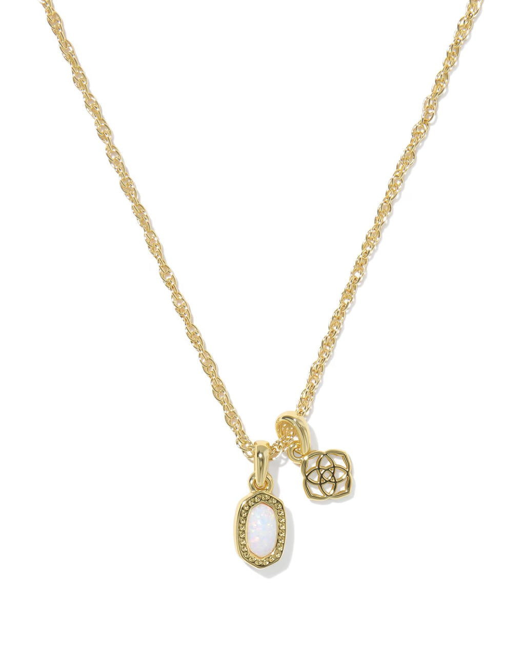 Gold necklace with two pendants on a white background