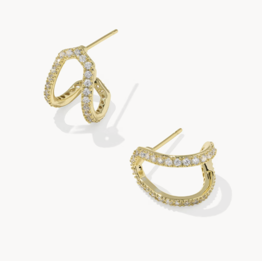 Gold hoop earrings with diamond accents on a white background