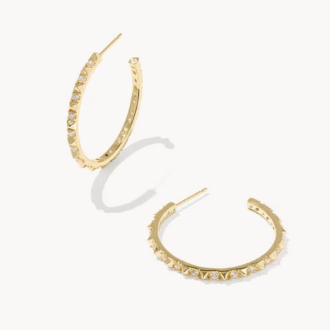 A pair of gold hoop earrings on a white background