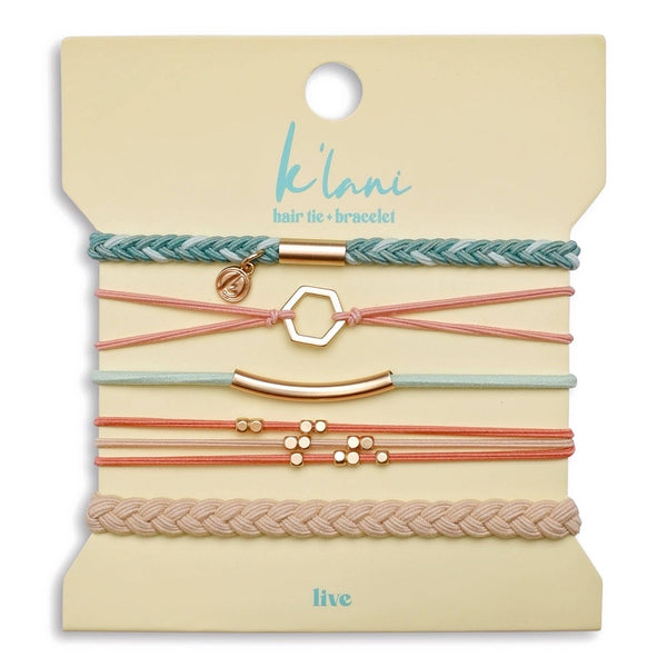 Set of hair ties and bracelets on a 'klari' branded card