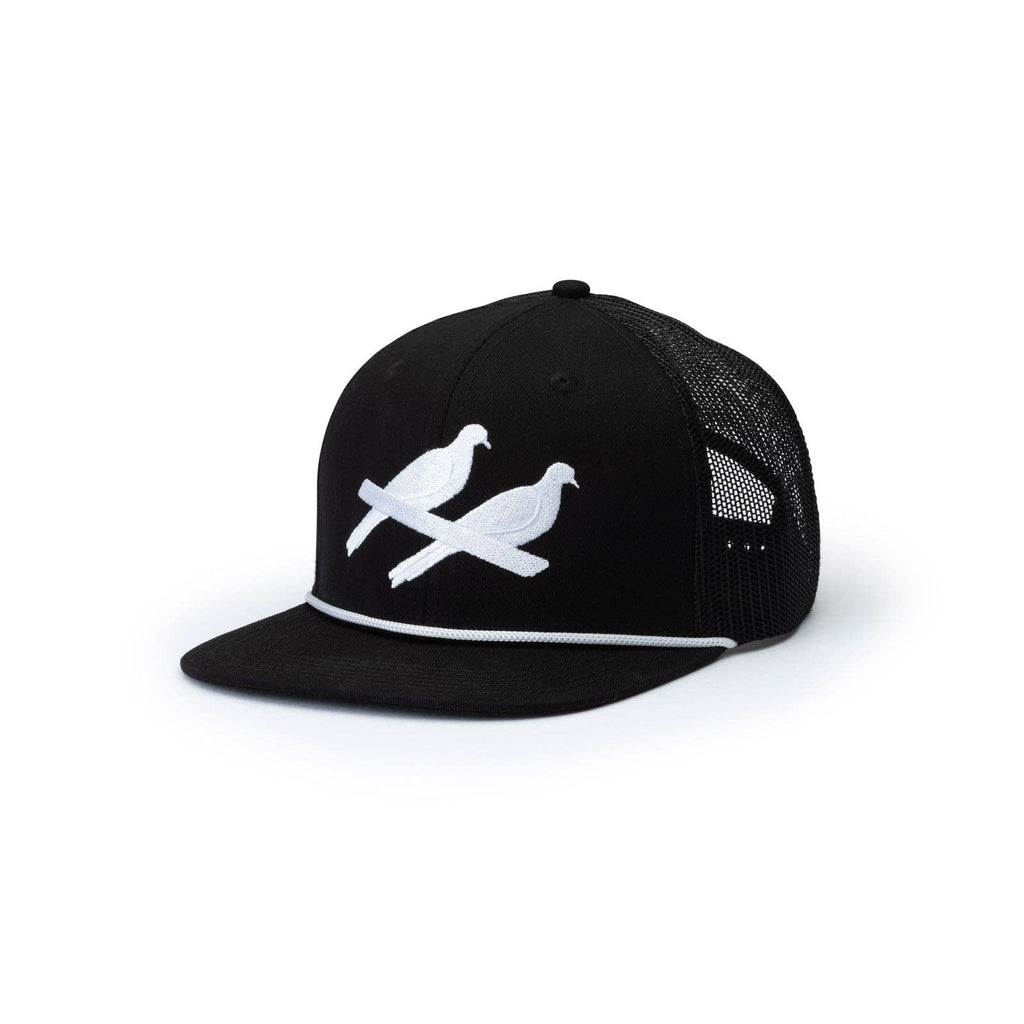 Black cap with white dove design on a white background