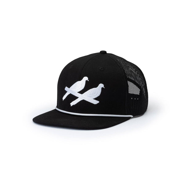 Black cap with white dove design on a white background