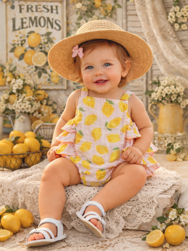 Child wearing a lemon-patterned outfit and straw hat in a lemon-themed setting.