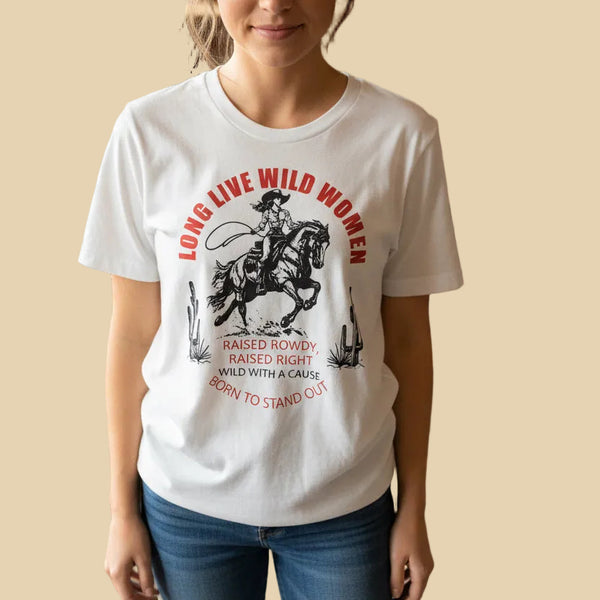 Person wearing a white t-shirt with a graphic design and text on a beige background