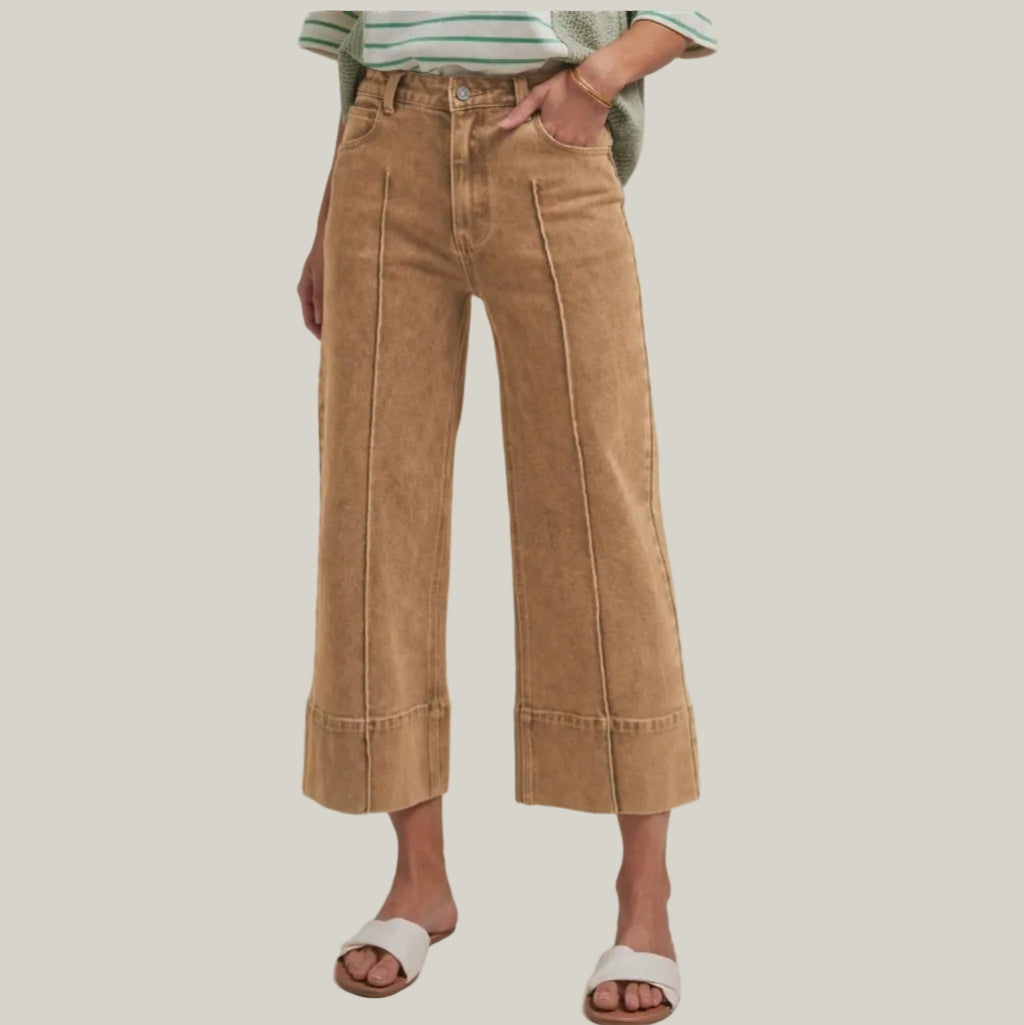 Person wearing brown wide-leg pants on a plain background