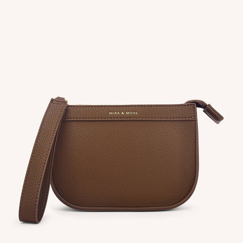 Brown crossbody bag with strap on a white background