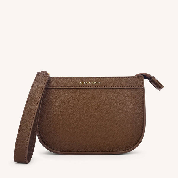 Brown crossbody bag with strap on a white background