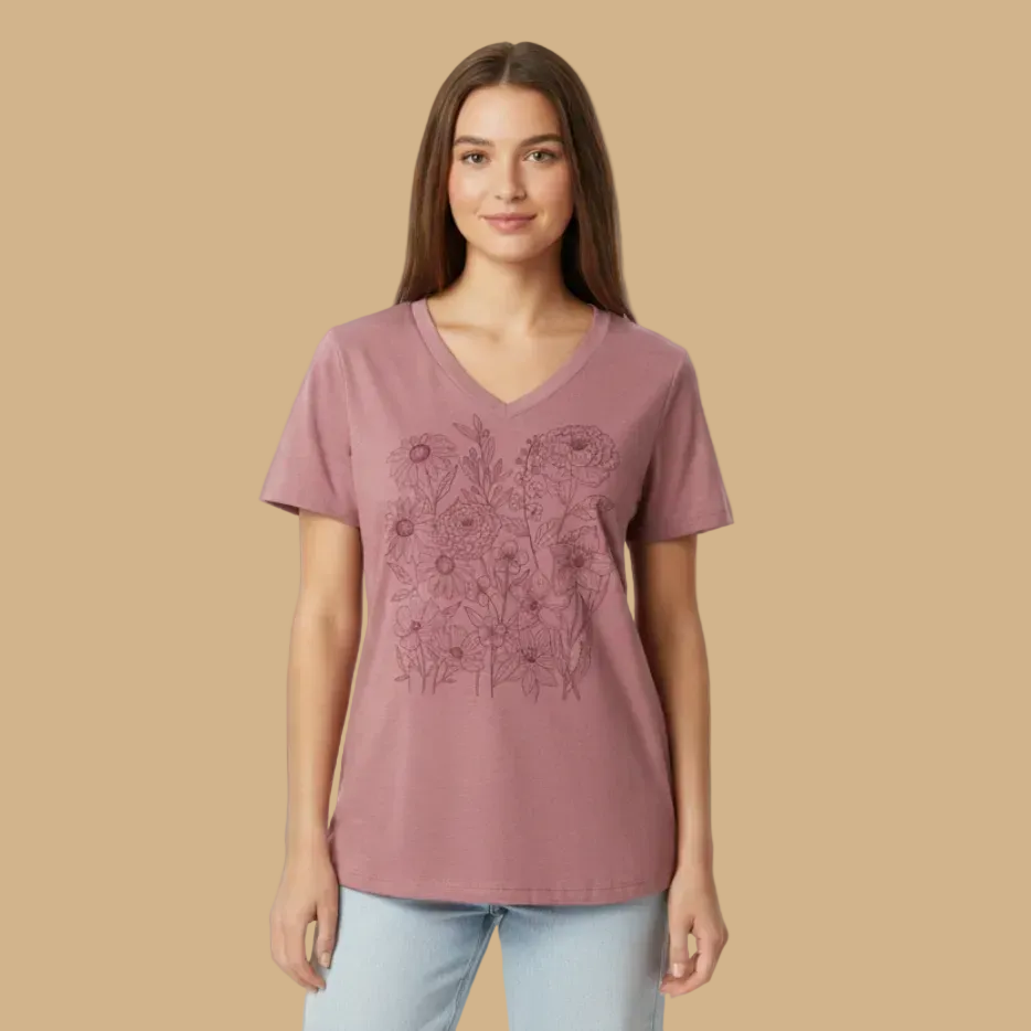 Woman wearing a pink t-shirt with a floral pattern on a beige background