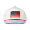 White cap with American flag patch on a white background