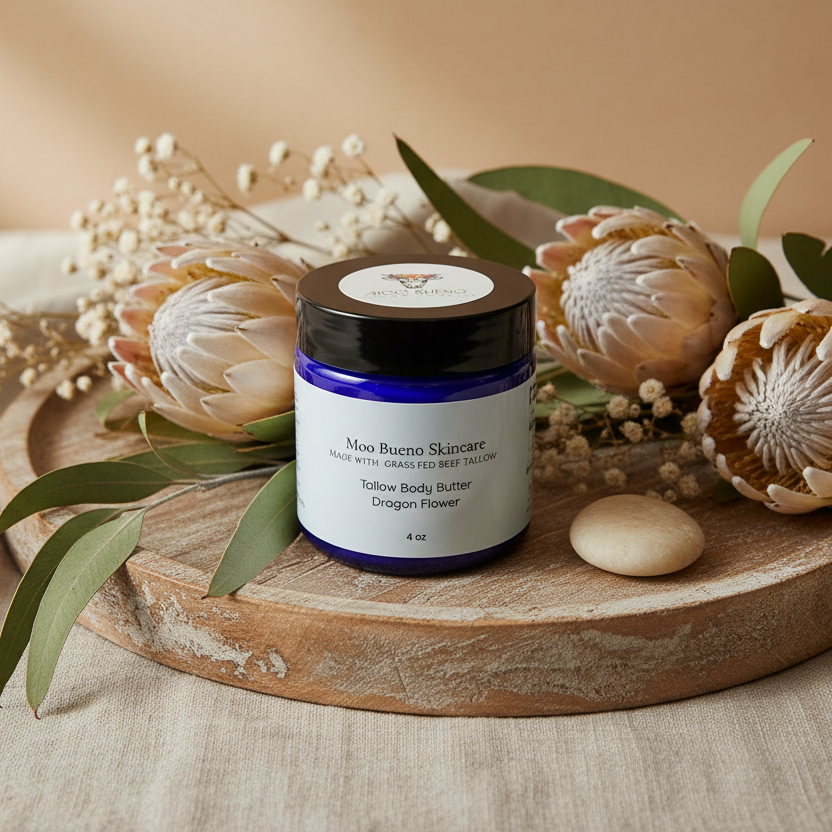 Moo Bueno Skincare jar on a wooden tray with flowers and leaves