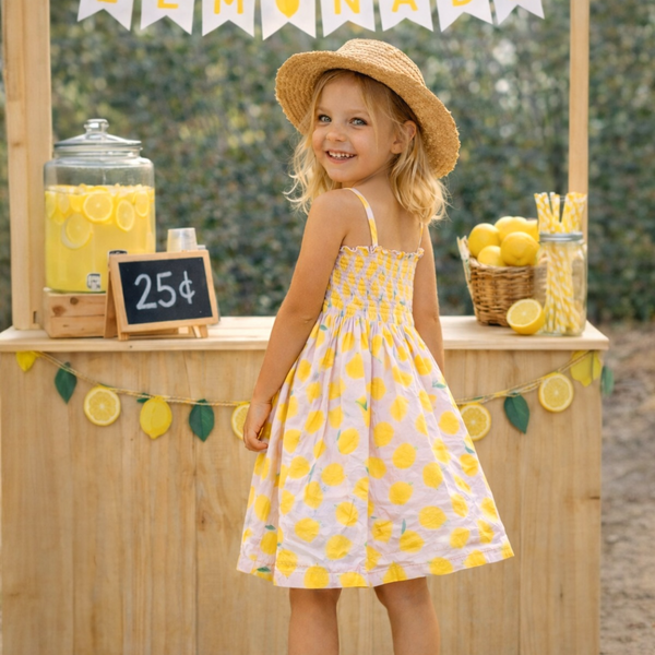 Young girl in a lemon-themed dress standing next to a lemonade stand with lemons and a 'Lemonade' sign.