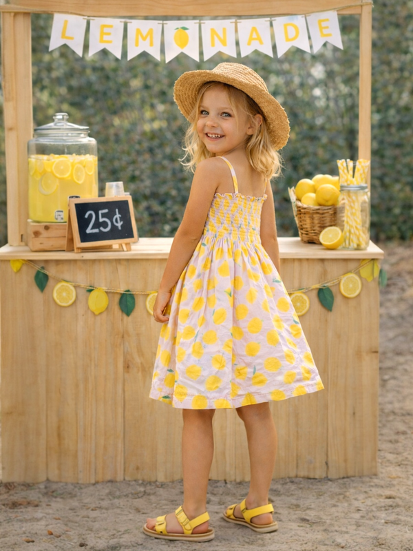 Young girl in a lemon-themed dress standing next to a lemonade stand with lemons and a 'Lemonade' sign.