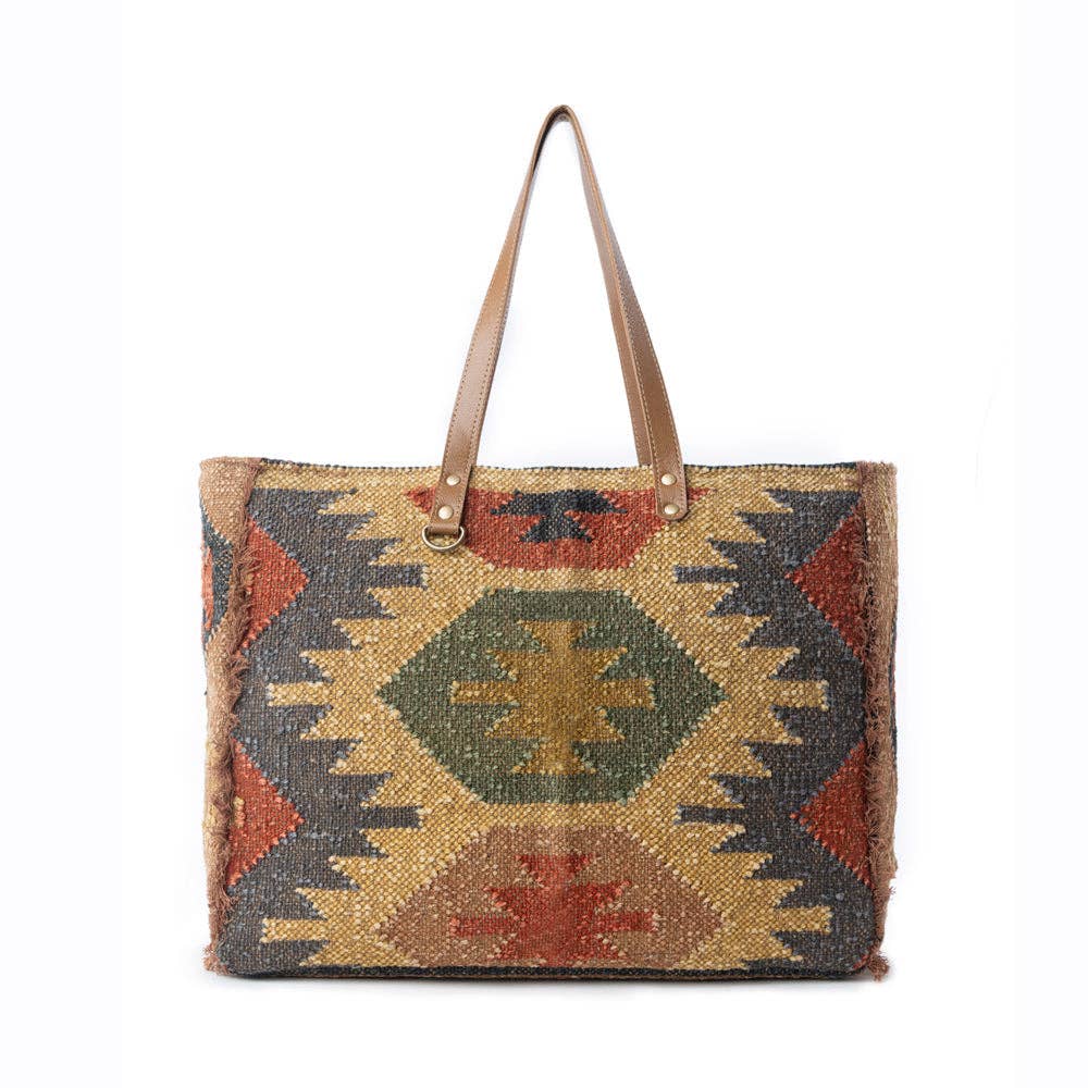 Tote bag with geometric pattern on a white background