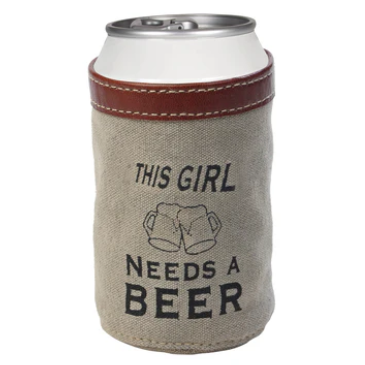 Can cooler with 'This Girl Needs a Beer' text and graphic on a white background