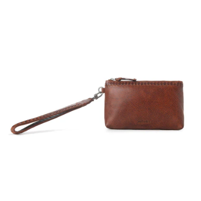 Brown leather wristlet on a white background