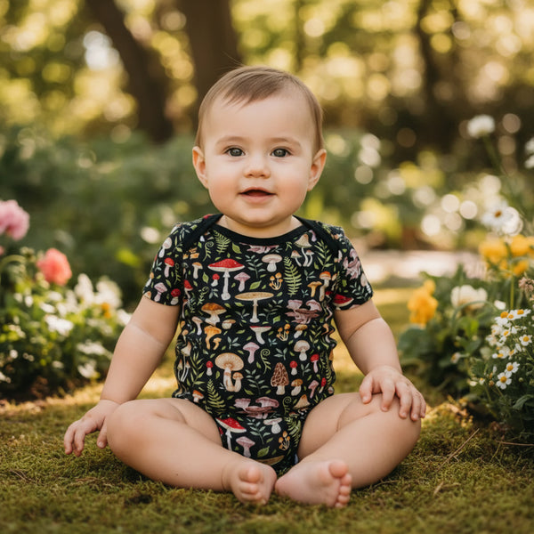 Baby wearing a colorful onesie with a mushroom pattern 