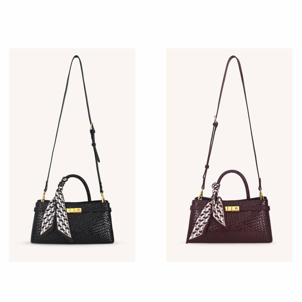 Two handbags, one black and one burgundy, with decorative chains on a white background.