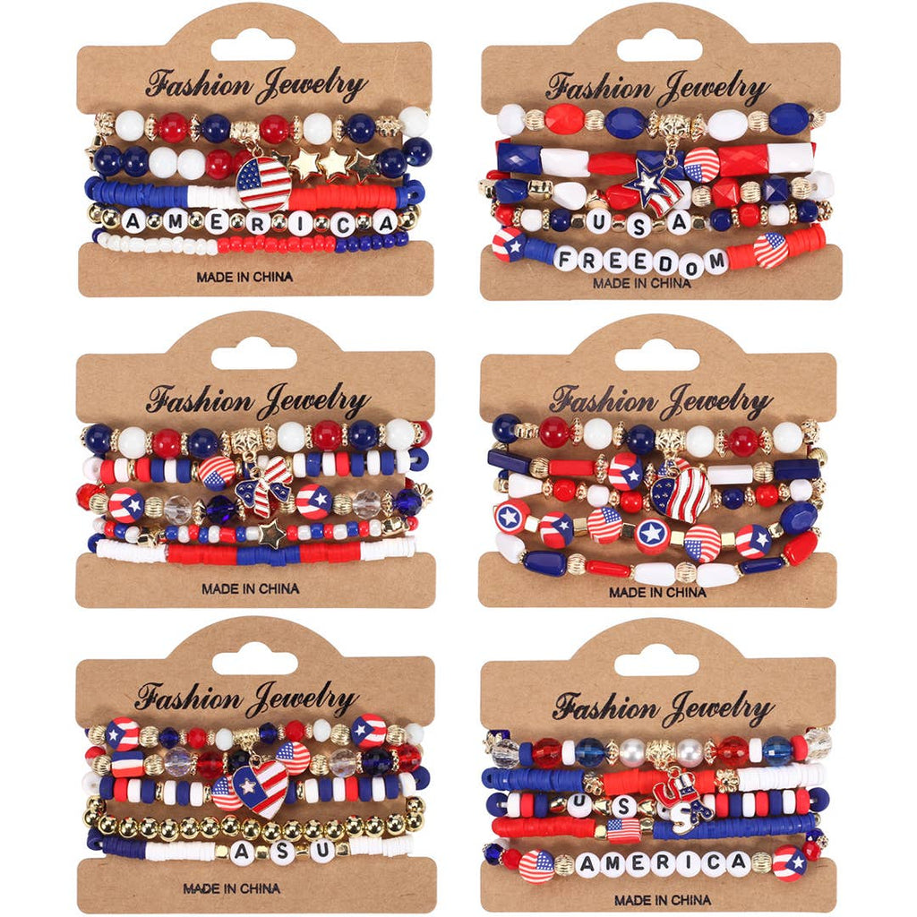 Set of patriotic-themed bracelets on display cards with 'Made in China' label.