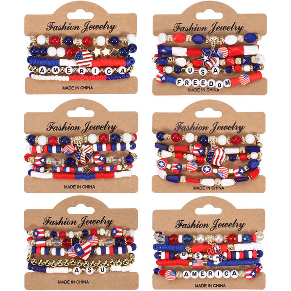 Set of patriotic-themed bracelets on display cards with 'Made in China' label.