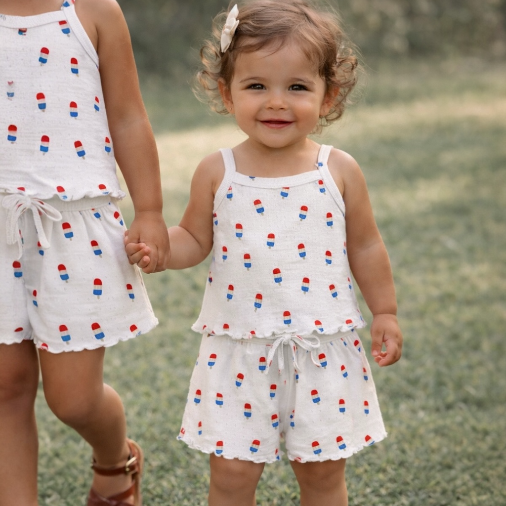 Two young girls wearing matching white dresses with colorful polka dots, standing on grass.