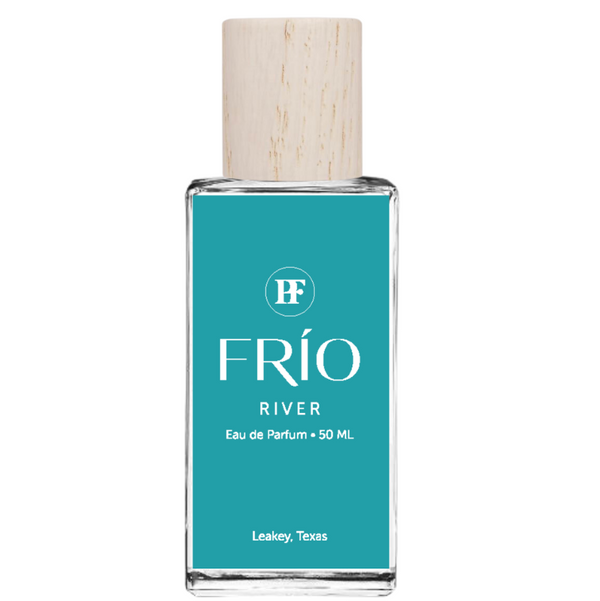 Frio River Eau de Parfum bottle with wooden cap on a white background