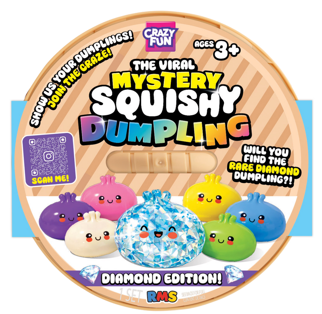The Viral Mystery Squishy Dumpling Diamond Edition toy set by Crazy Fun, shown in its circular cardboard packaging with colorful cartoon dumpling graphics and a clear window revealing the squishy dumpling inside.