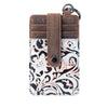 card case with floral pattern and brown leather strap on a white background