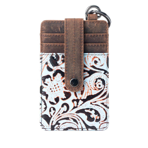 card case with floral pattern and brown leather strap on a white background
