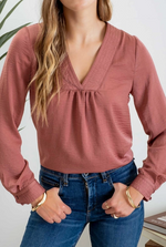 Textured Satin V-Neck Long Sleeve Blouse