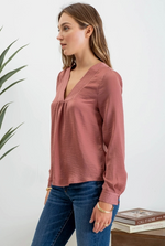 Textured Satin V-Neck Long Sleeve Blouse