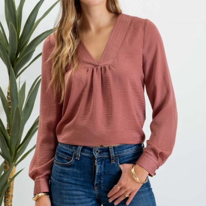 Textured Satin V-Neck Long Sleeve Blouse