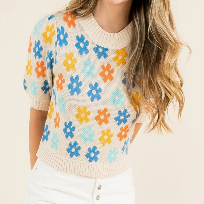 Flower Rib Knit Short Sleeve Top